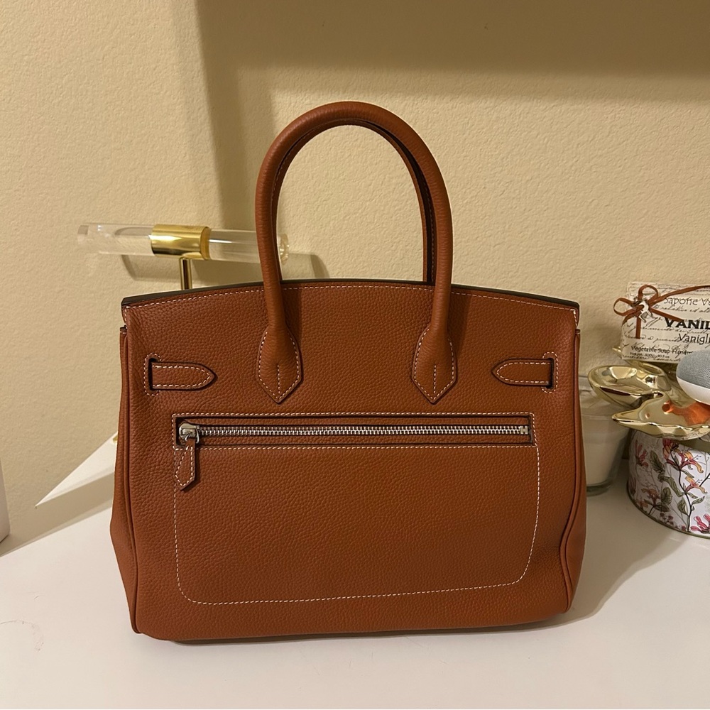 30cm Round Top Handle Front Pockets Satchel Brown - Picture 4 of 8